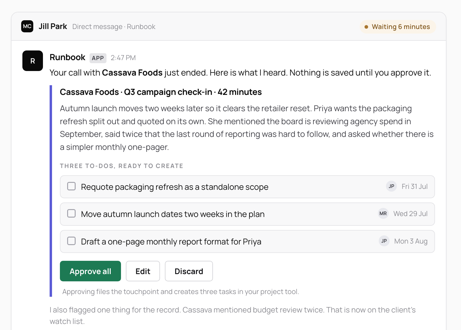 A Slack message from Runbook showing a drafted call synopsis and three proposed tasks, with approve, edit and discard buttons.